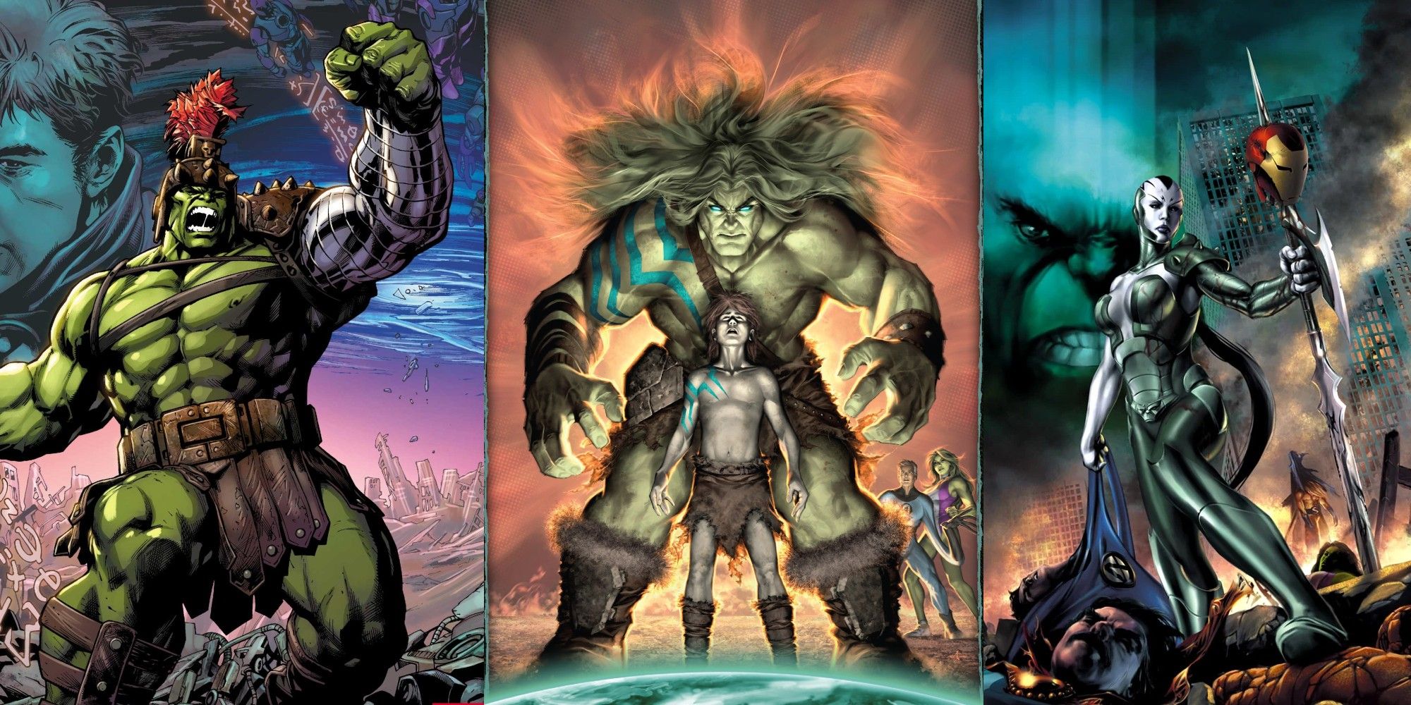 3 images showing Hulk from Planet Hulk, Skaar, and Caiera