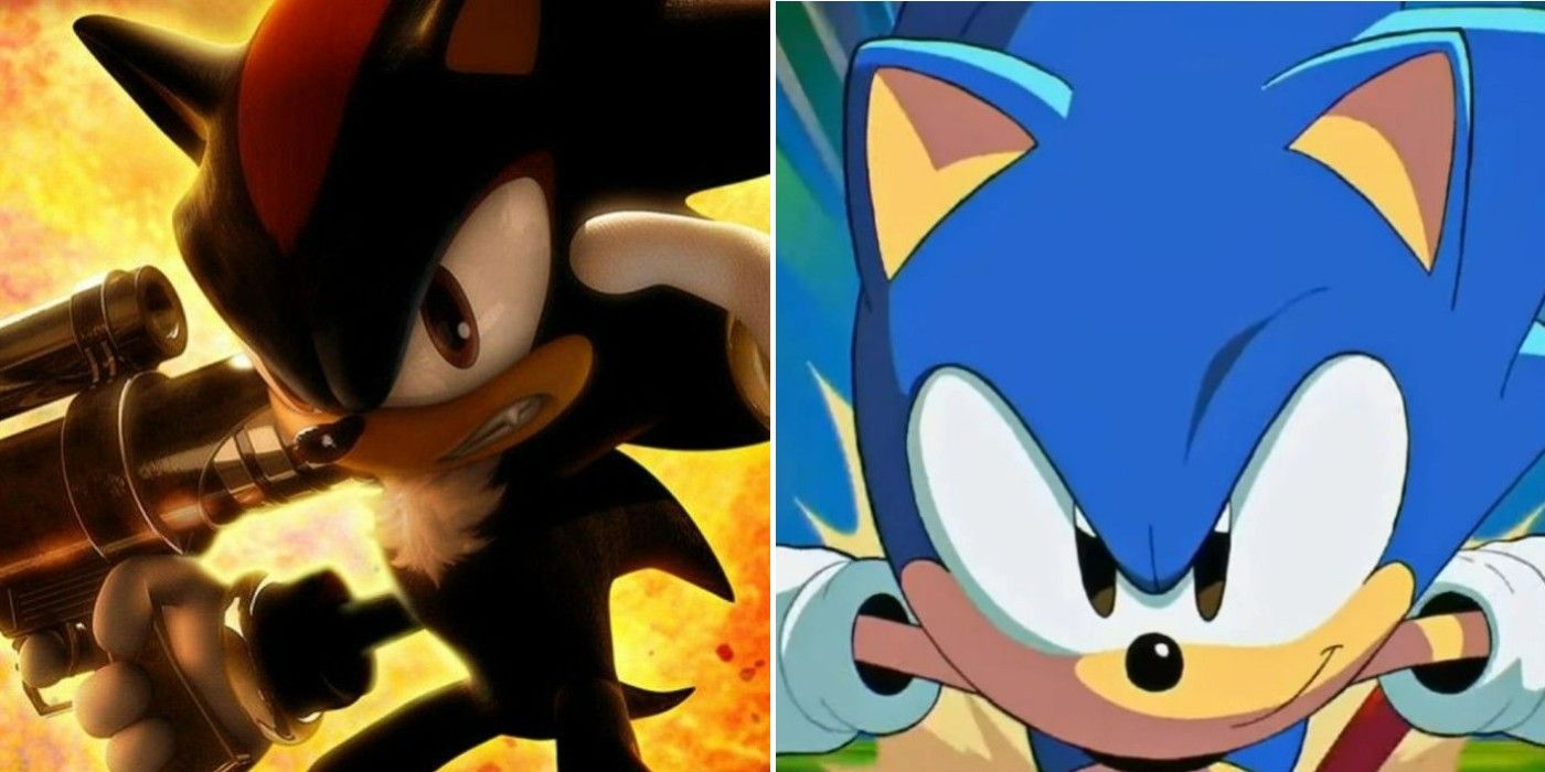 A split image of Shadow holding a gun and of Sonic the Hedgehog running