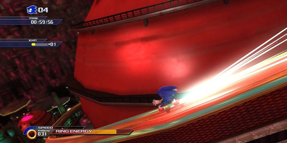 Sonic grinding on a rail in Eggmanland from Sonic Unleashed