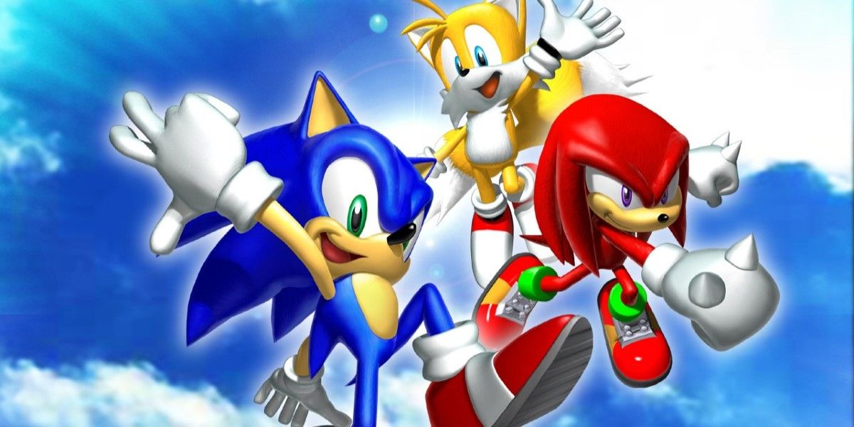 Sonic, Knuckles, and Tails leap in the air in art for Sonic Heroes