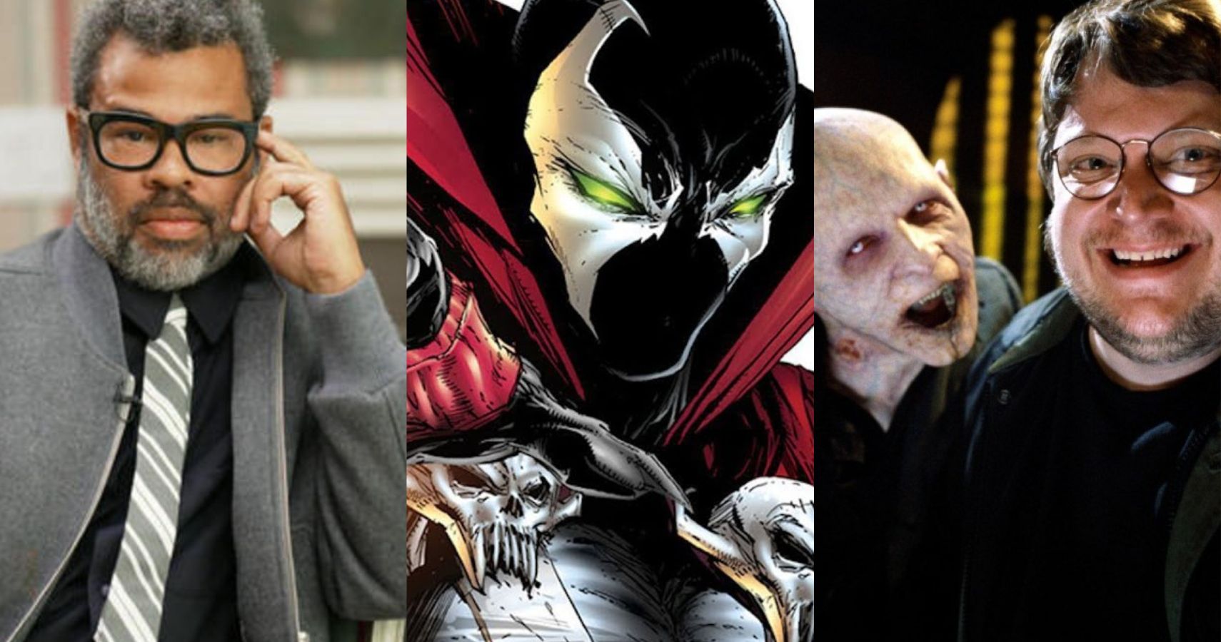 A combined feature image of the character of Spawn next to directors Jordan Peele and Guillermo del Toro.
