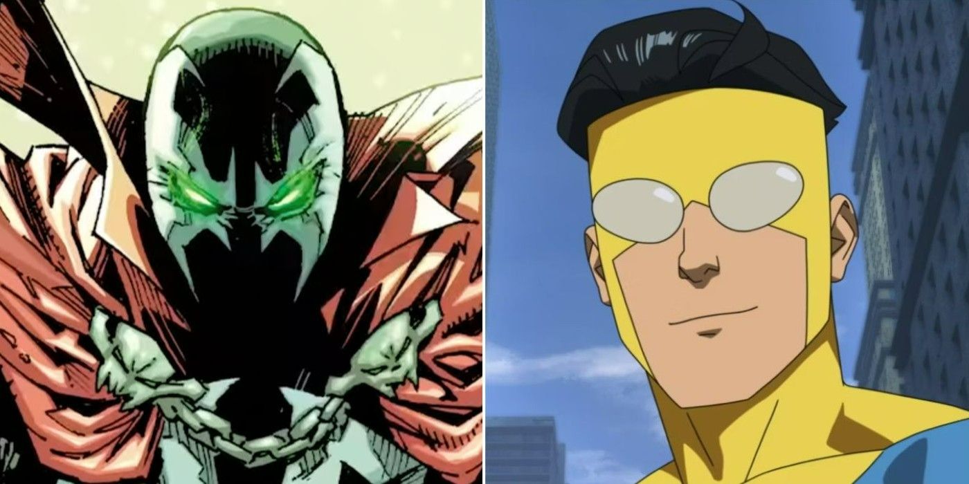A split image of Spawn, glaring with glowing green eyes and of Invincible from Image Comics
