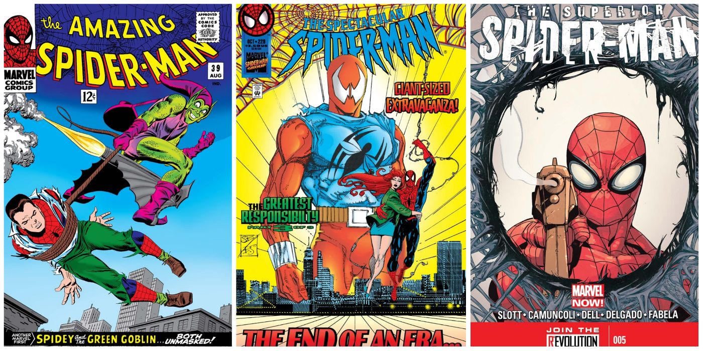 Covers to Amazing Spider-Man#39, Spectacular Spider-Man #229, Superior Spider-Man #5