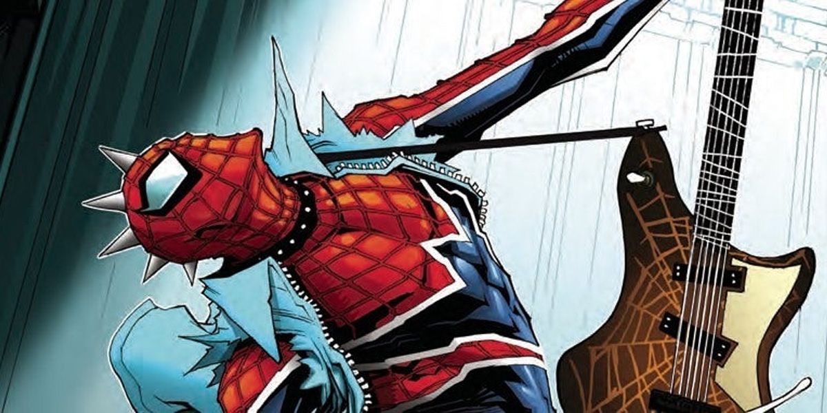 Spider-Punk holds a guitar in Marvel Comics