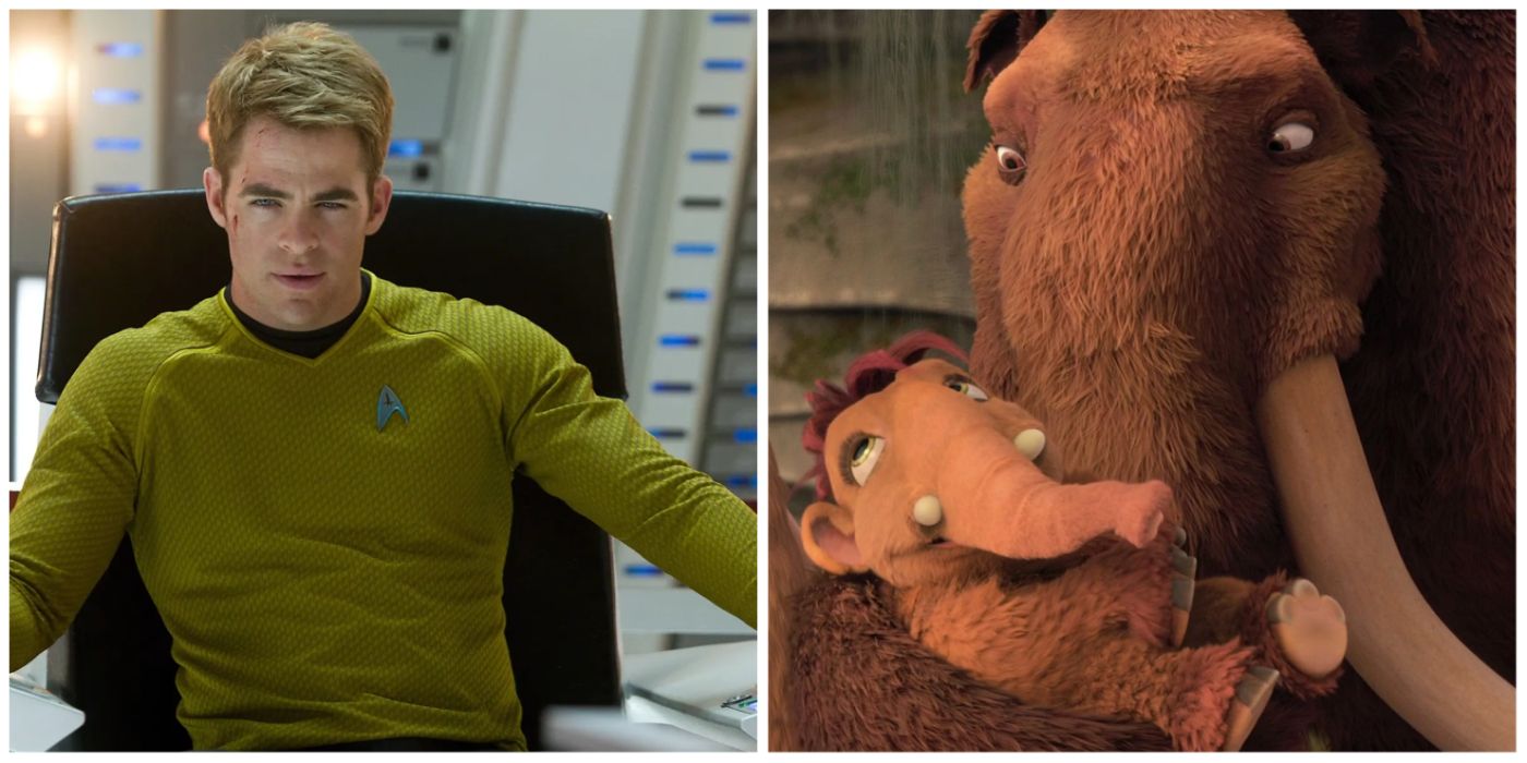 Split image of James Kirk from Star Trek and Peaches and Manny from Ice Age