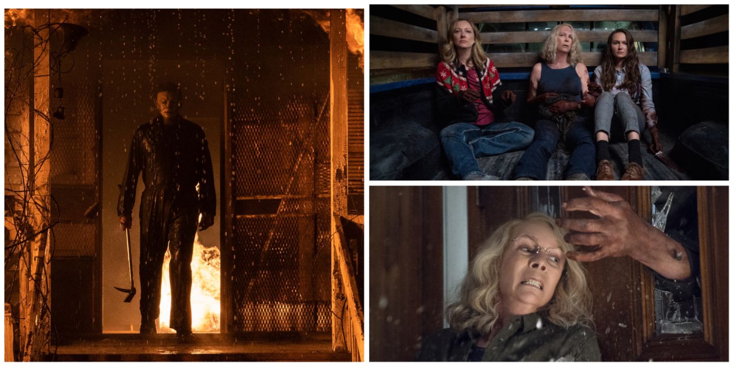Split image of Michael Myers, Laurie Strode, Allyson, and Karen in Halloween Kills, and Laurie in Halloween 2018