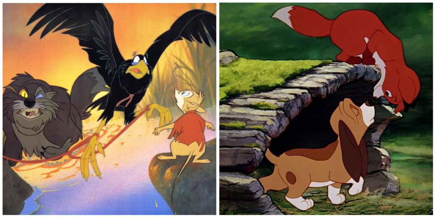 Split image of the Secret of NIMH and Tod and Copper in The Fox and the Hound