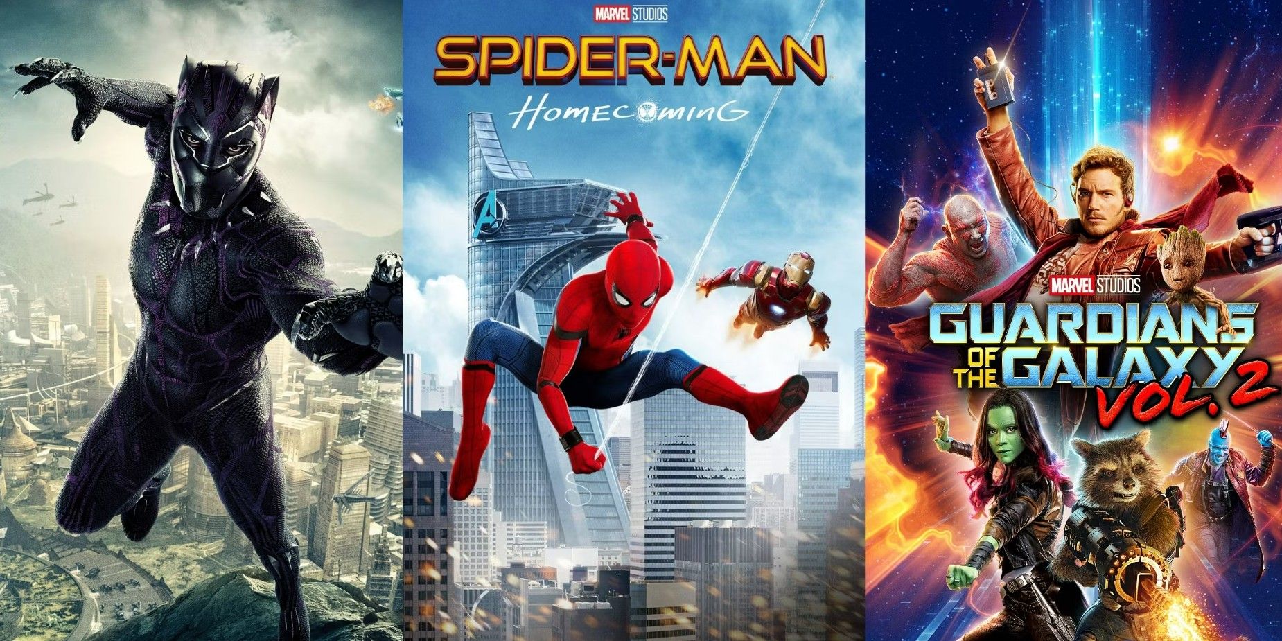 A split image of MCU Phase 3 movies: Black Panther, Spider-Man: Homecoming, and Guardians of the Galaxy Vol. 2 posters