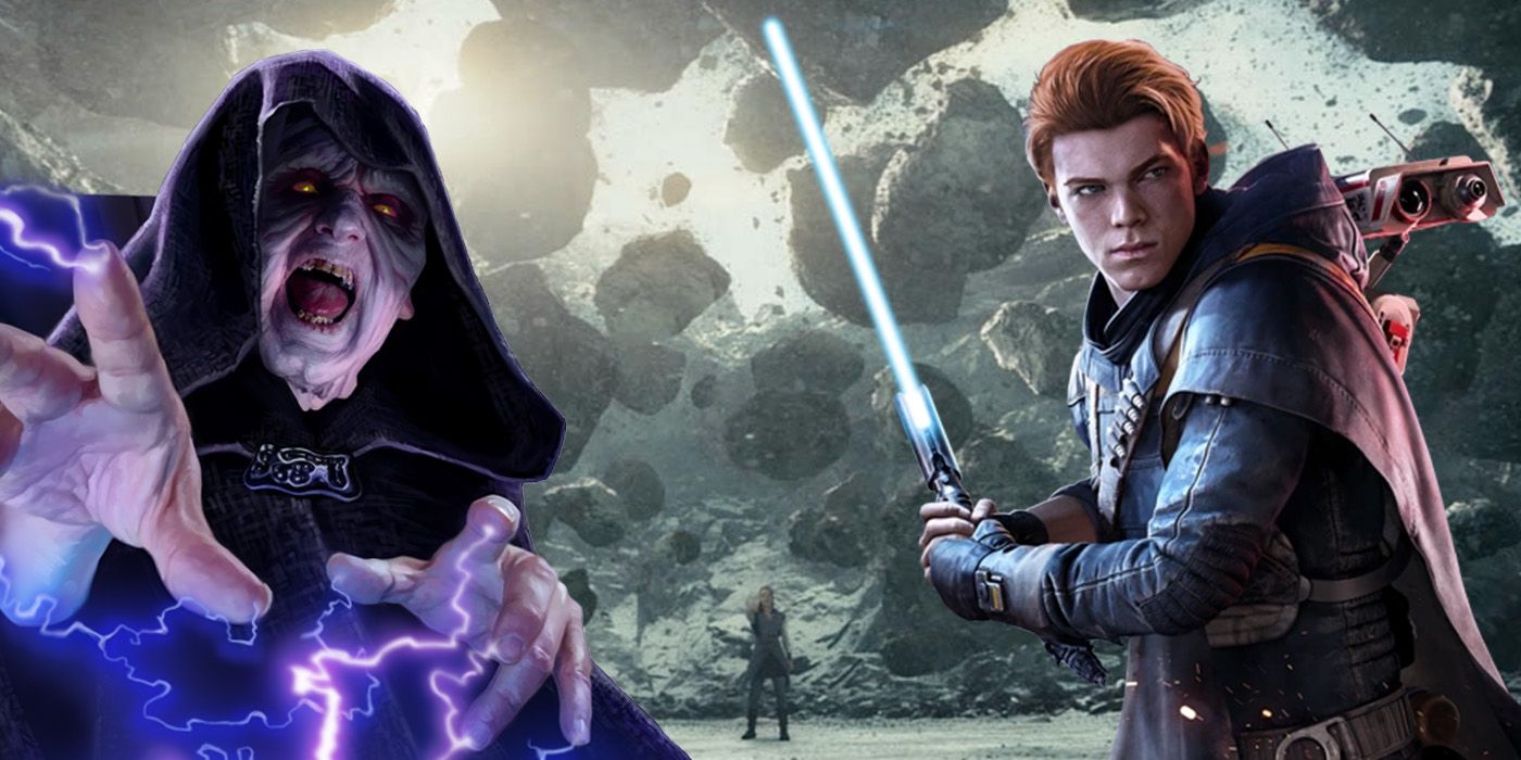 split image of Palpatine shooting Force Lightning, Rey lifting rocks and Cal Kestis with a lightsaber