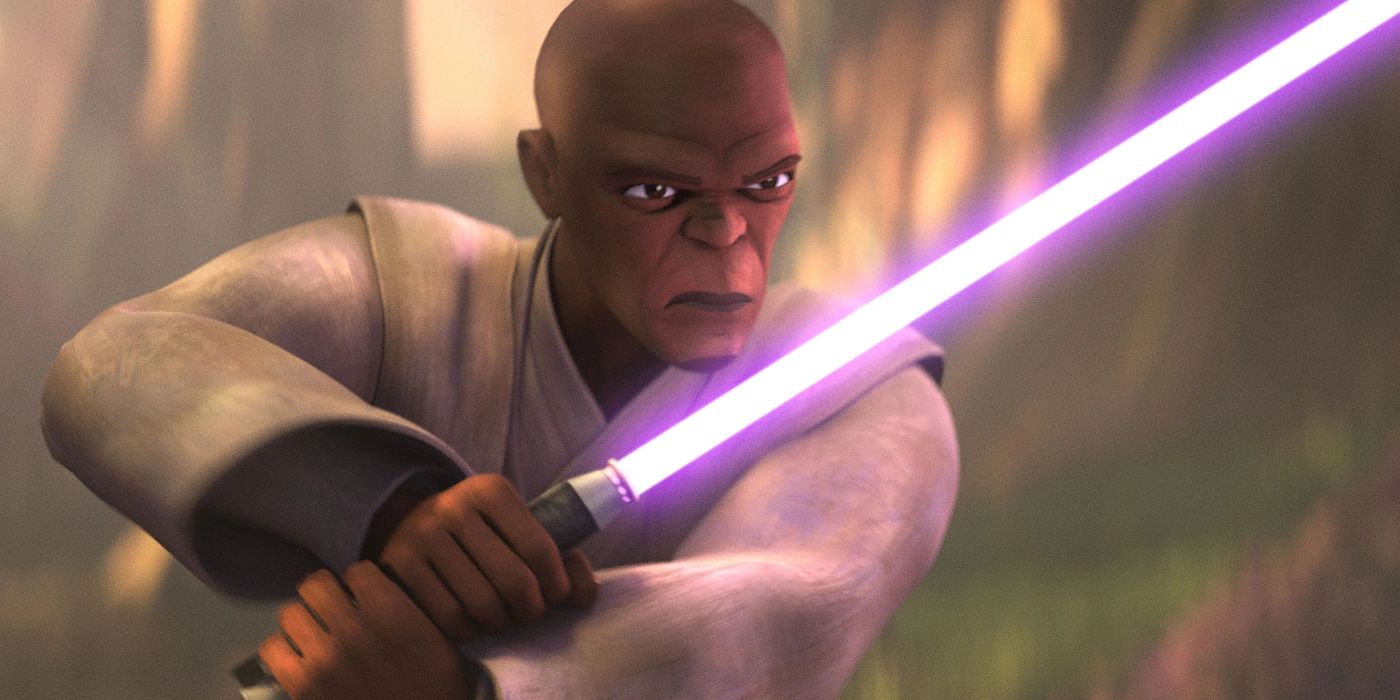 Mace Windu holding his lightsaber in Tales of the Jedi.