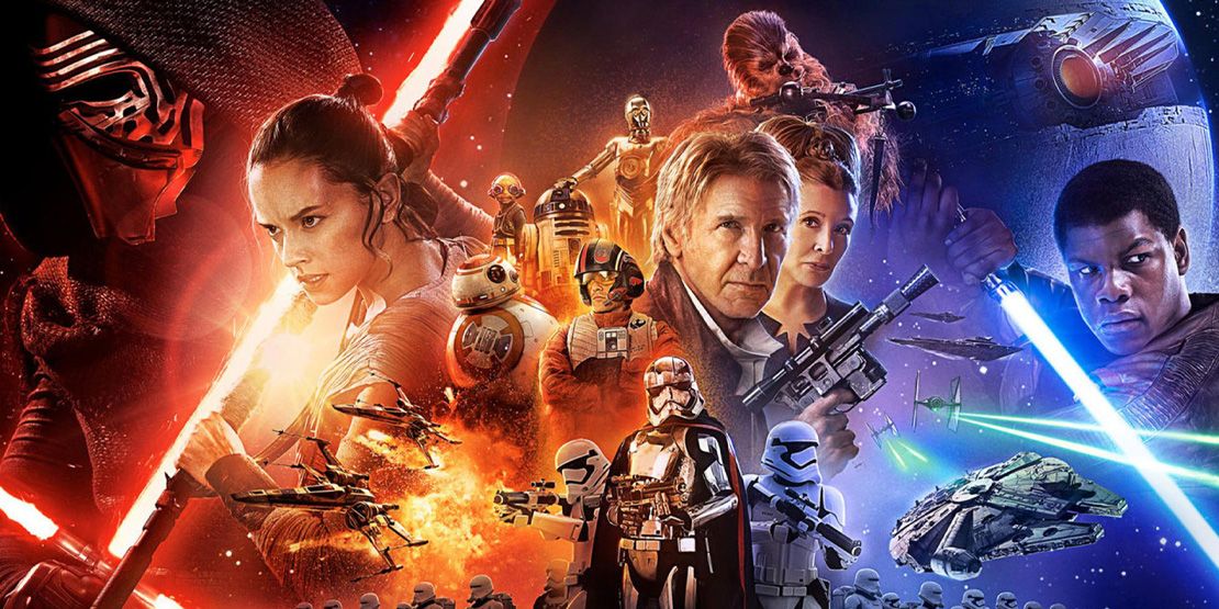 Star Wars: The Force Awakens poster featuring a collage of the main and supporting cast.