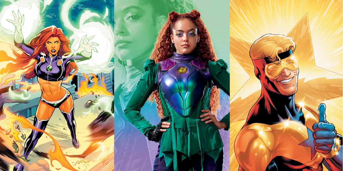 A split image of DC Comics' Starfire, Cyclone from Black Adam, and Booster Gold