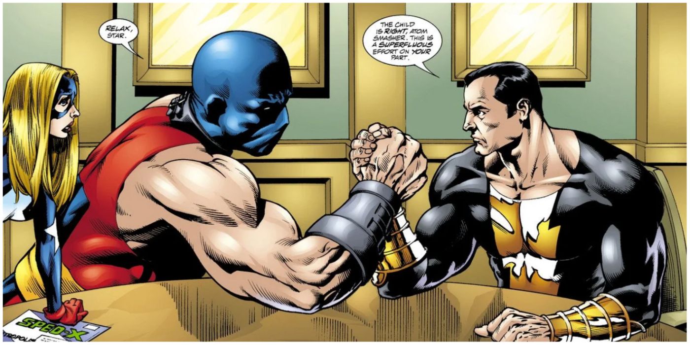 Stargirl watching Atom Smasher arm wrestle Black Adam in DC comics