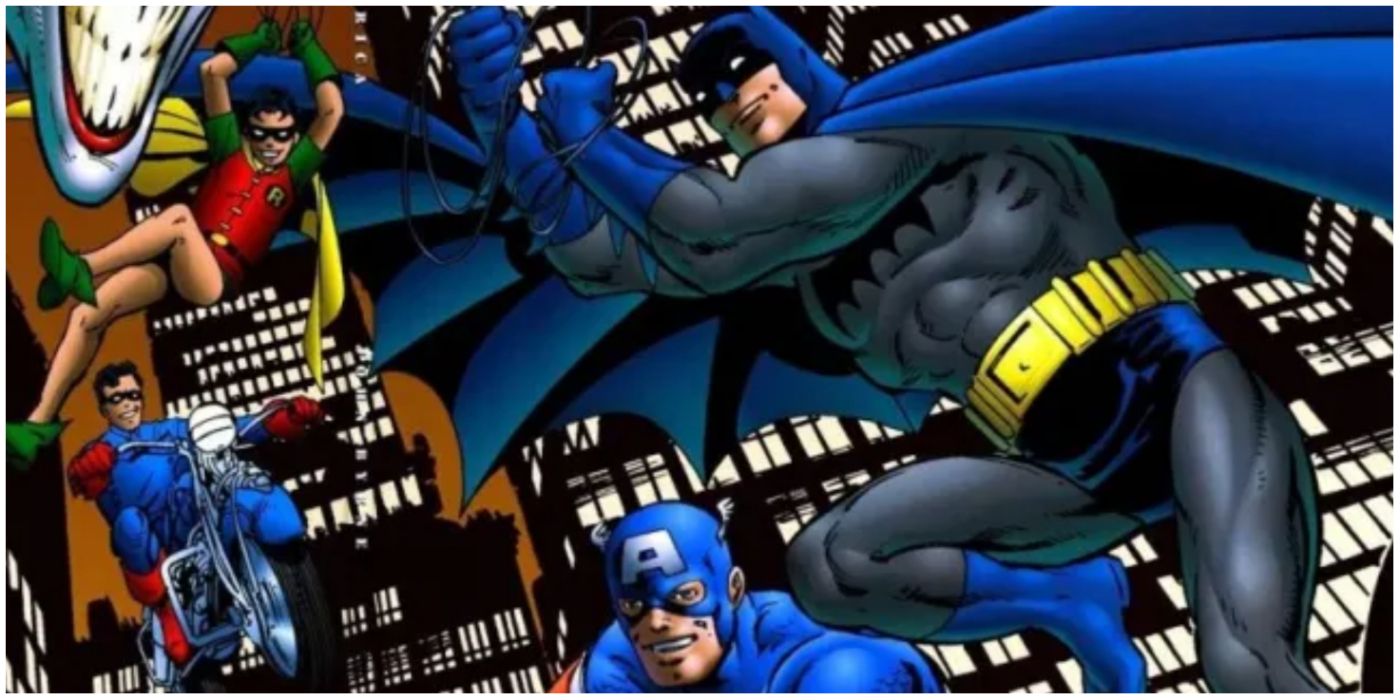 Steve Rogers, Bucky Barnes, Batman and Robin roam Gotham City together in Marvel and DC Comics