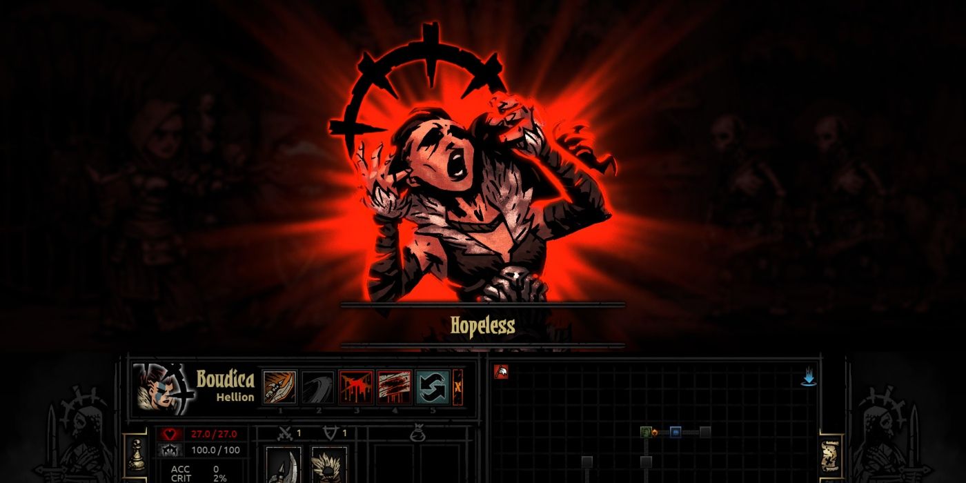 Um Hellion sofrendo de estresse no jogo Darkest Dungeon.