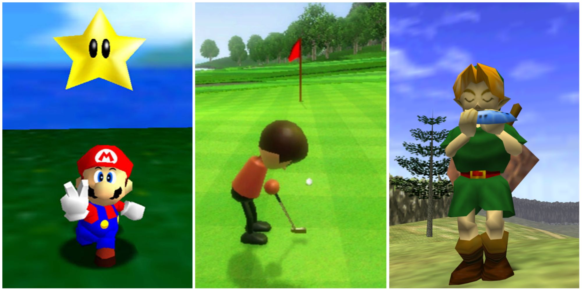A split image of gameplay from Super Mario 64, Wii Sports, and Legend of Zelda