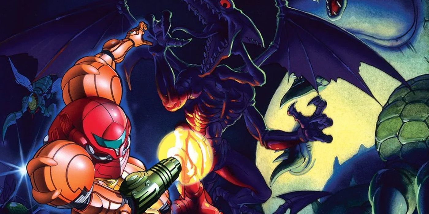 Uma imagem da arte promocional do jogo, Super Metroid, com Samus Aran