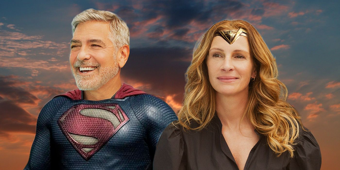 Mockup of George Clooney's head on Superman's body and Julia Roberts wearing Wonder Woman's tiara.