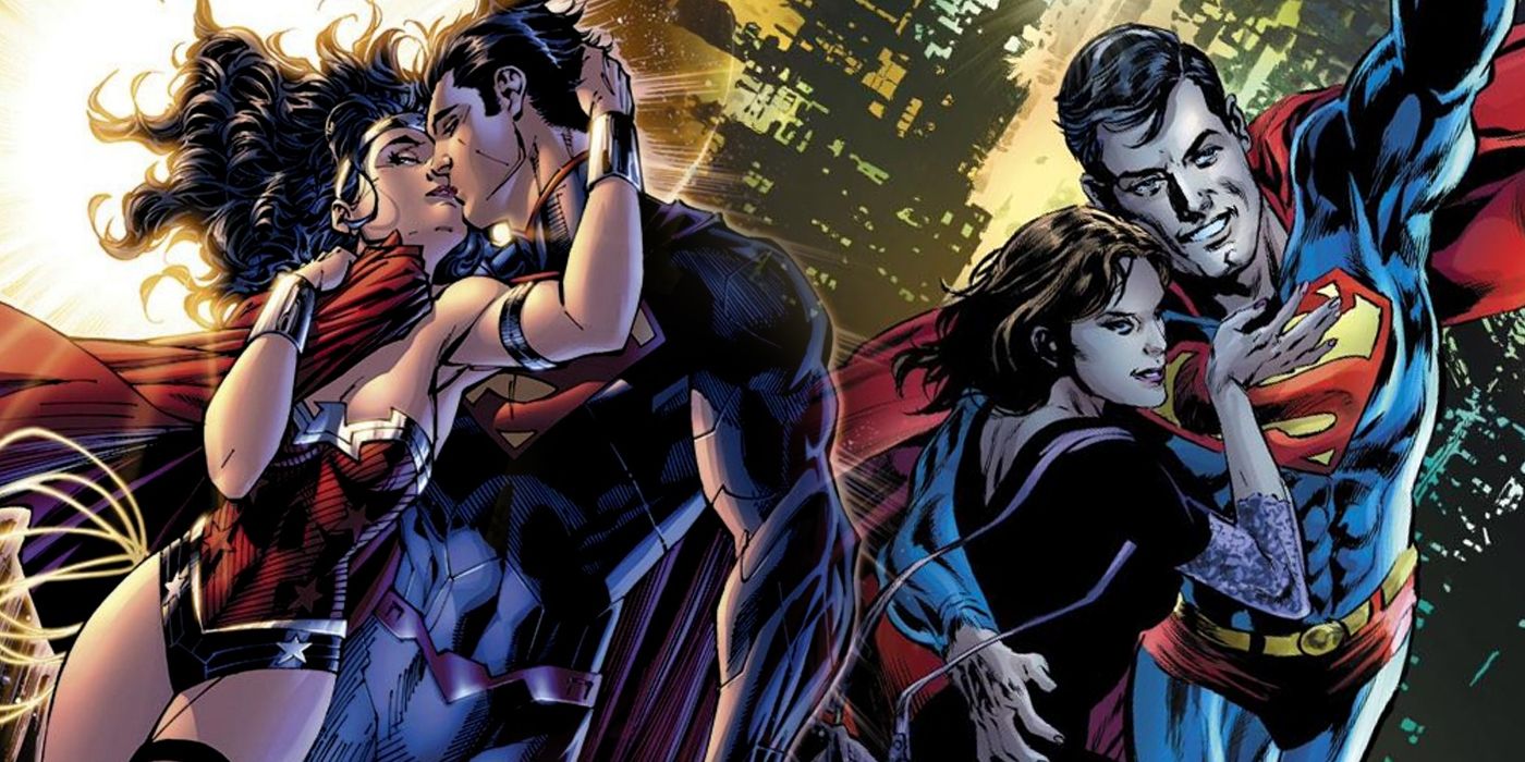 A split image of Wonder Woman kissing Superman and Lois and Superman in DC Comics