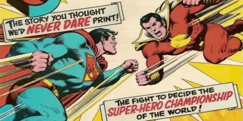Superman faces Captain Thunder (modeled after Shazam) in a multiversal battle