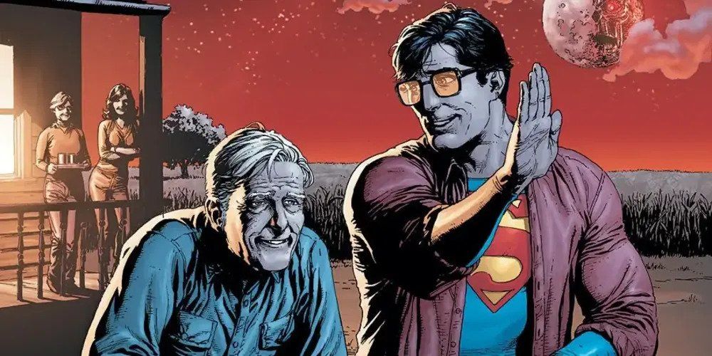 Superman, Jonathan Kent, Lois Lane, and Martha Kent on the Kent family farm