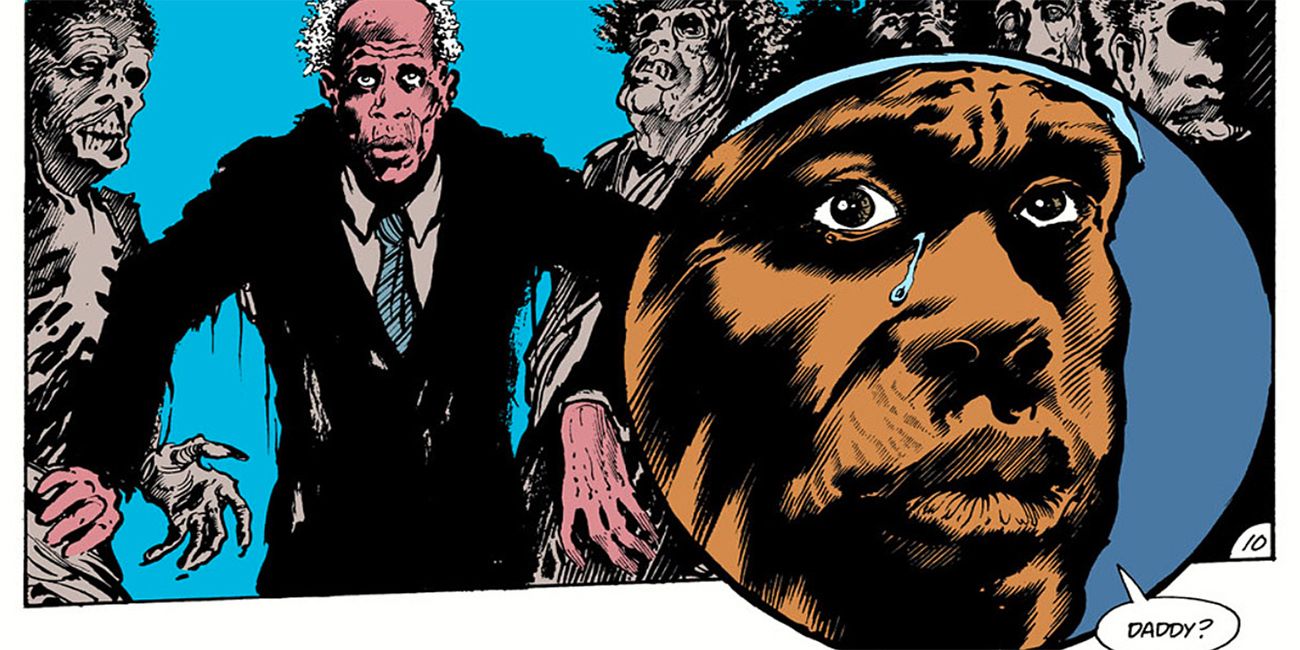 Undead creatures surround a man in Swamp Thing comics