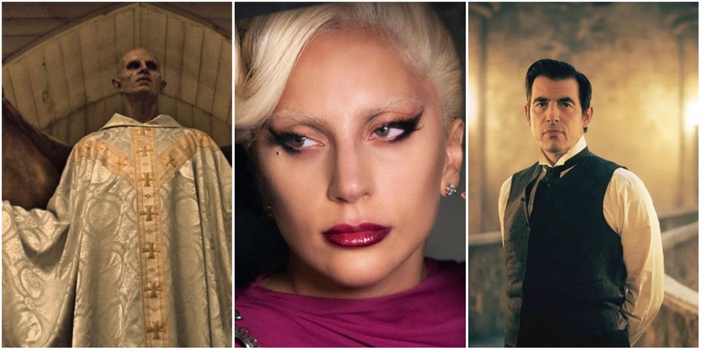 A split image of The Angel from Midnight Mass, Lady Gaga in American Horror Story: Hotel, and Count Dracula in Dracula (2020)