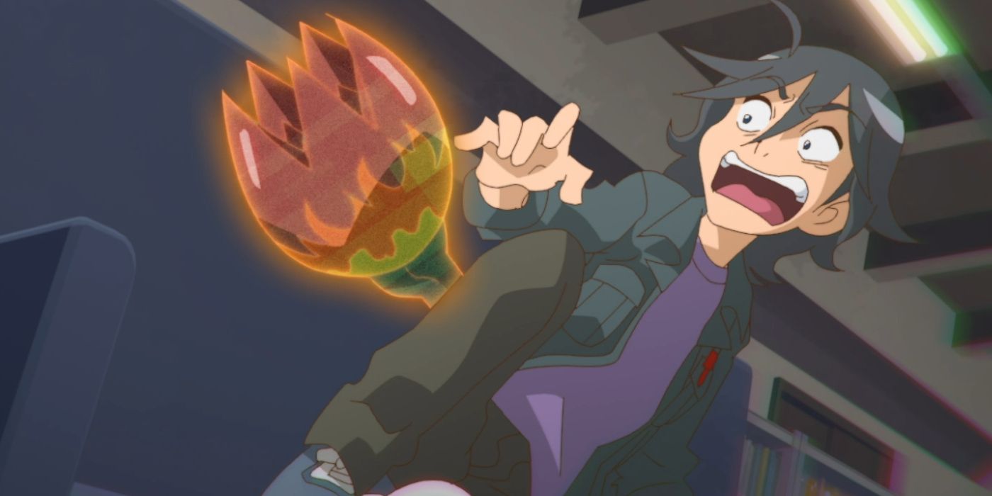 Tamotsu looks horrified as Shadramon's arm appears from his leg on Digimon Ghost Game Anime