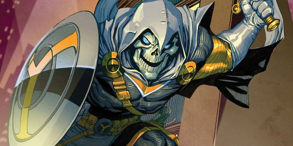 Taskmaster brandishing his sword and shield as the leader of the Thunderbolts in Marvel Comics