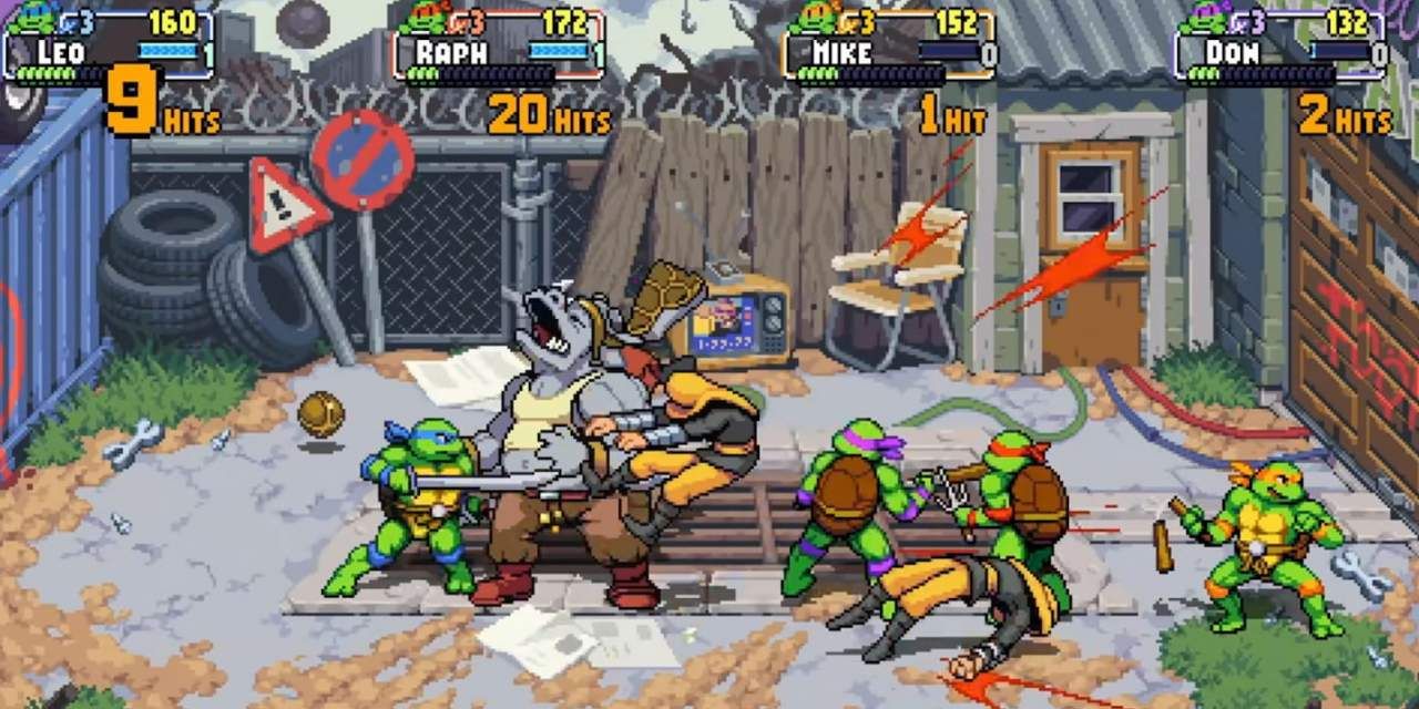 Teenage Mutant Ninja Turtles take on a group of enemies in Teenage Mutant Ninja Turtles Shredders Revenge