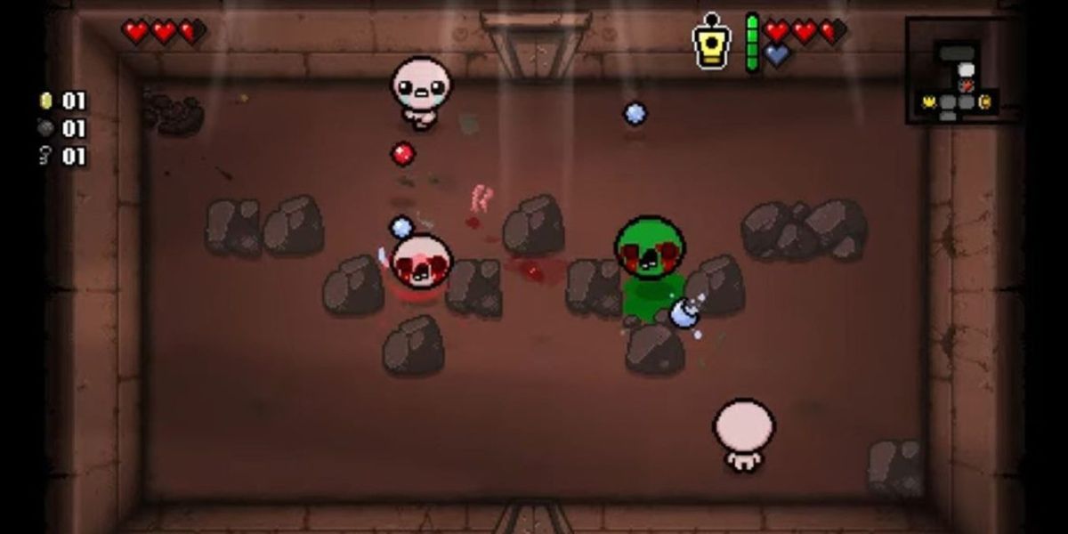 Isaac fights enemies in the basement in the game The Binding of Isaac
