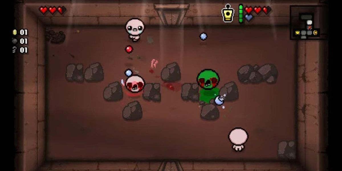 Isaac lutando contra inimigos no porão no jogo The Binding of Isaac