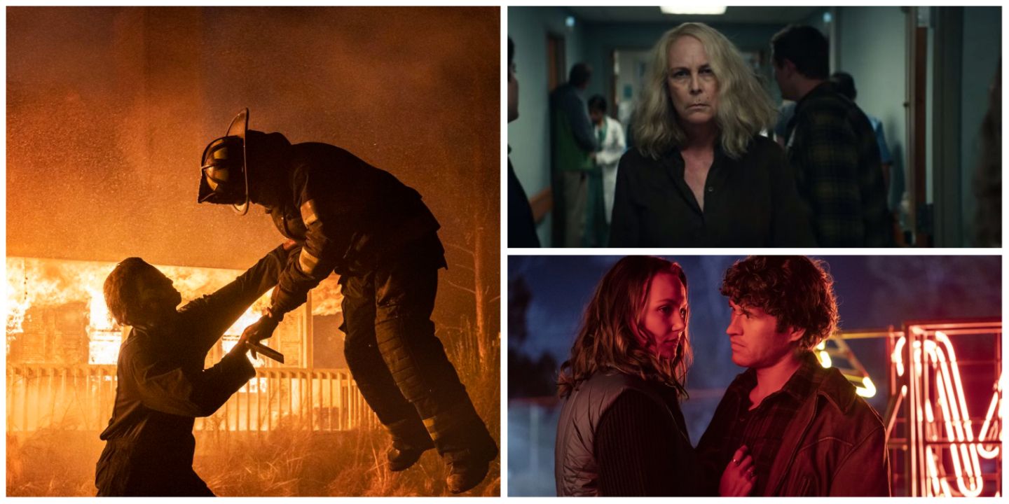 The Halloween Reboot trilogy: a split image of Michael Myers killing a fireman, Laurie Strode, and Allyson and Corey in Halloween Ends