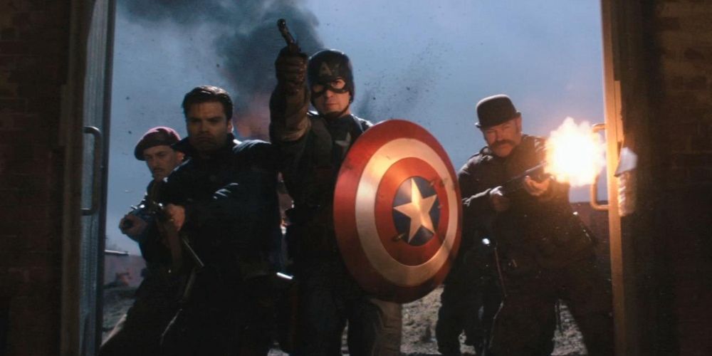 Captain America leading The Howling Commandos into battle in Captain America: The First Avenger