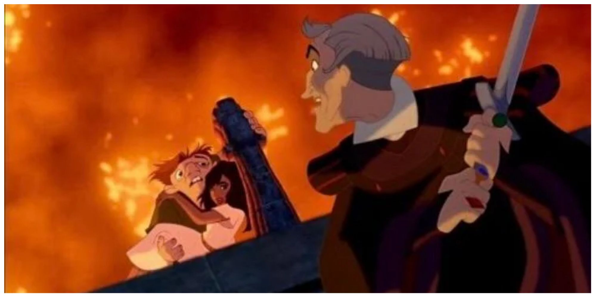 Frollo, Quasimodo, and Esmerelda in The Hunchback of Notre Dame