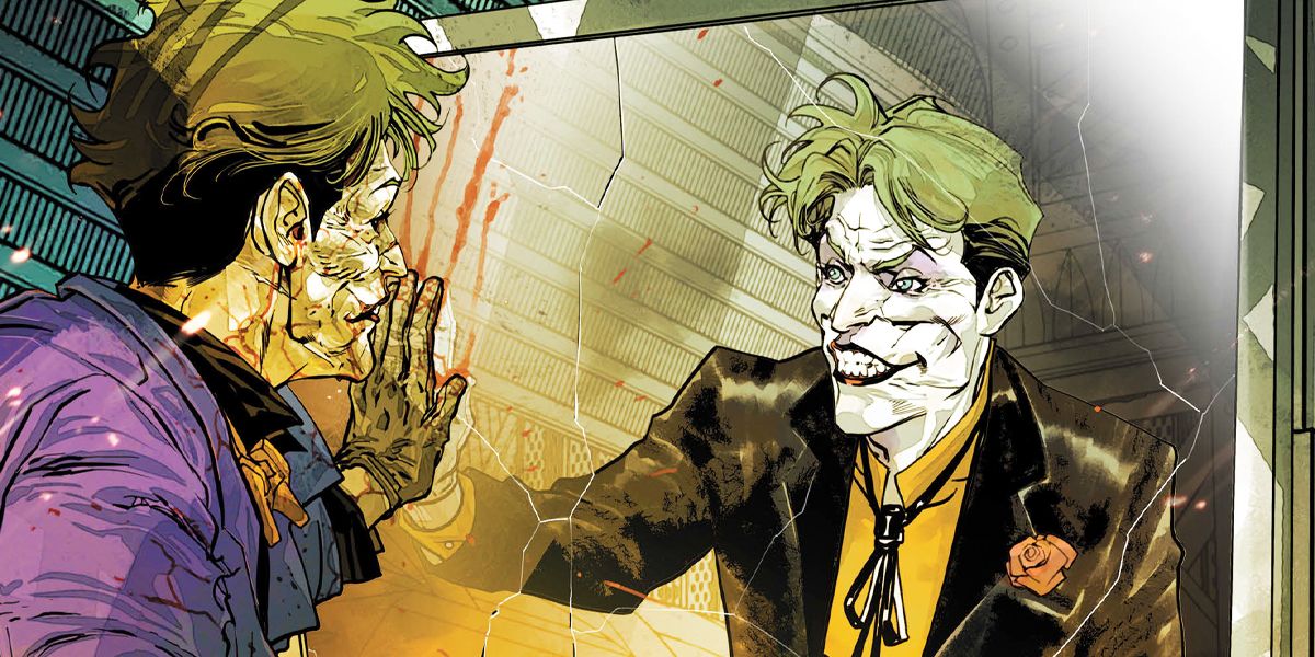 The Joker gazes at his reflection in a cracked mirror in DC Comics