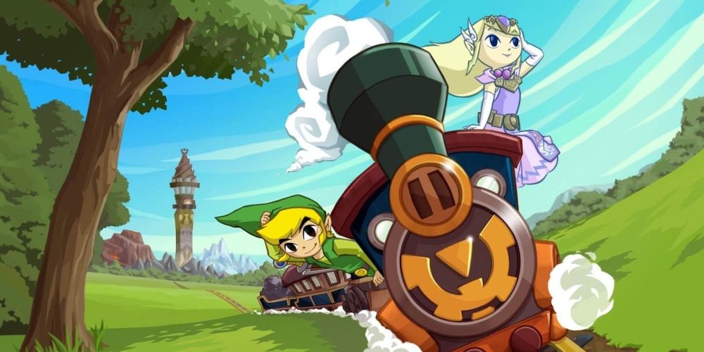 Link e Zelda andando de trem na capa de The Legend of Zelda: Spirit Tracks