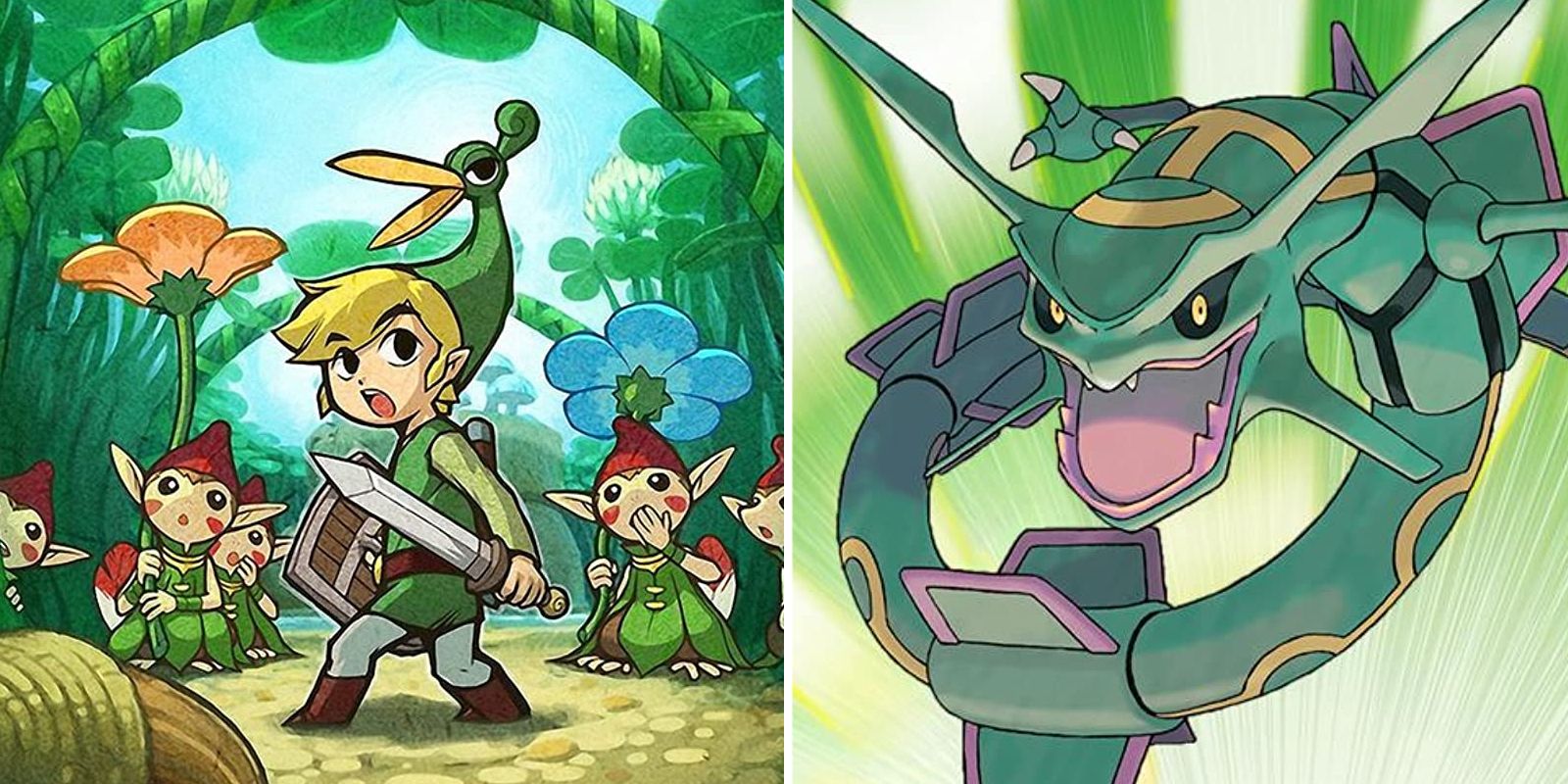Link, Ezlo, and the Minish on the cover of The Legend of Zelda The Minish Cap and Rayquaza on the cover of Pokemon Emerald