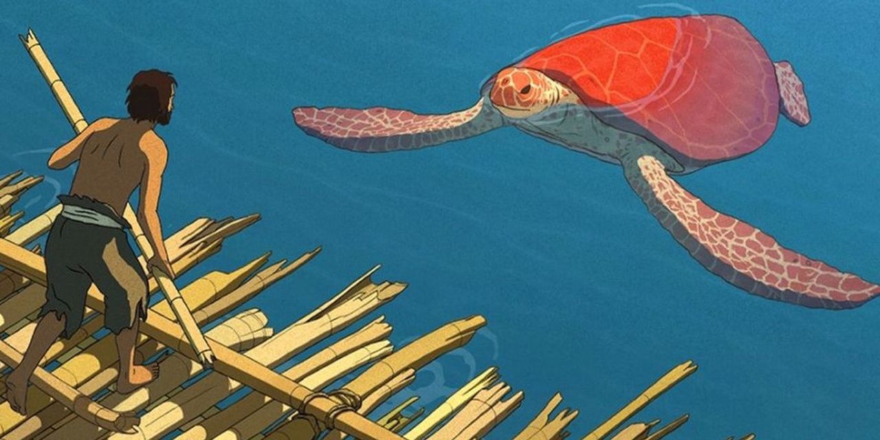 A man on a raft being stopped by a giant red turtle in The Red Turtle film