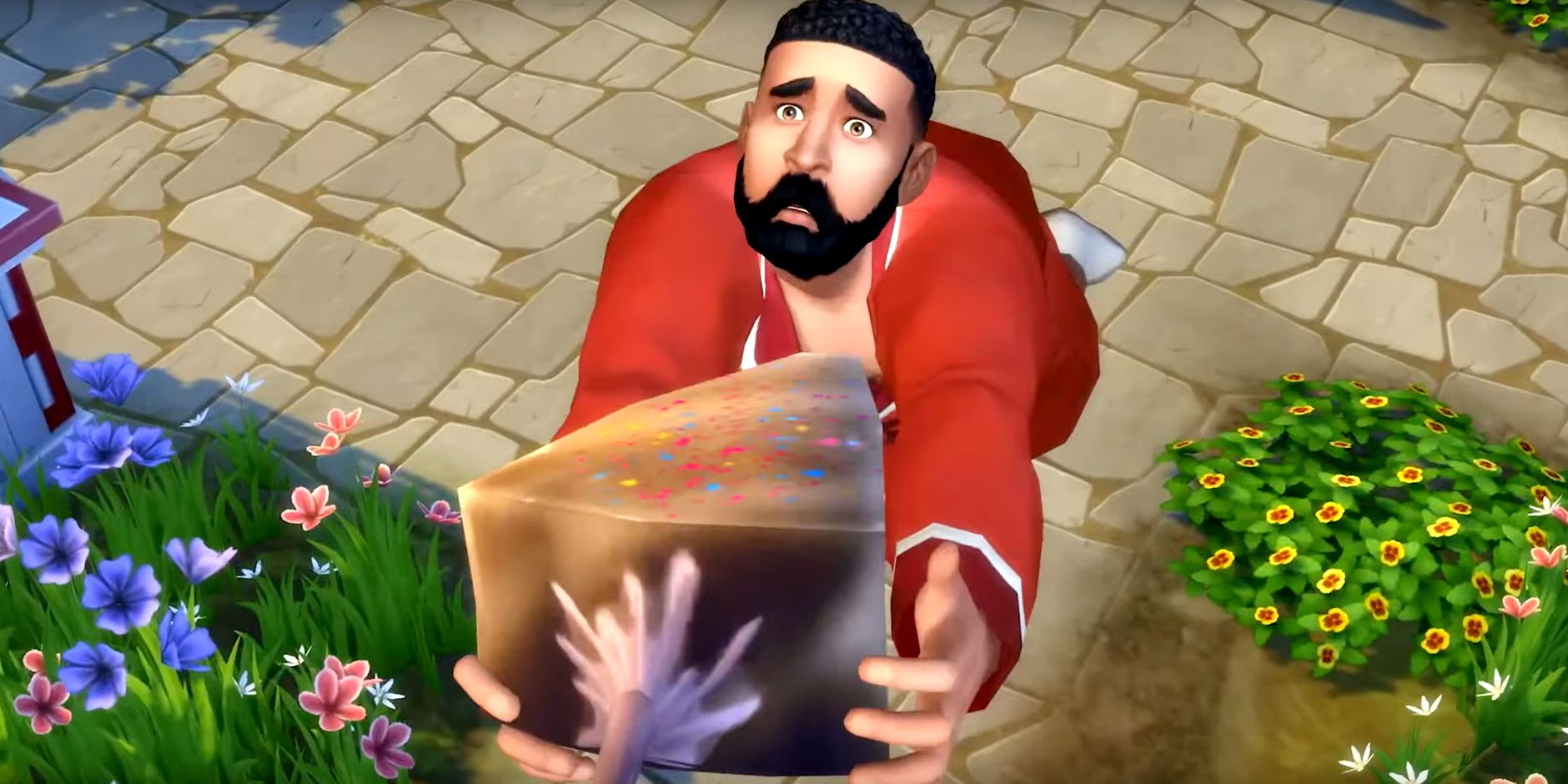 The Sims 4 Cowplant lures a Sim with a piece of cake.