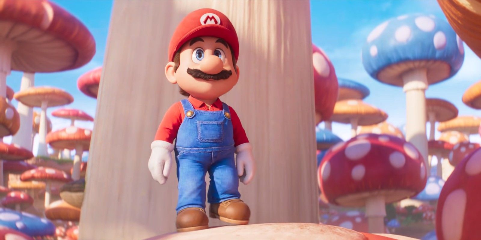 Mario standing in Mushroom Kingdom in The Super Mario Bros. Movie 