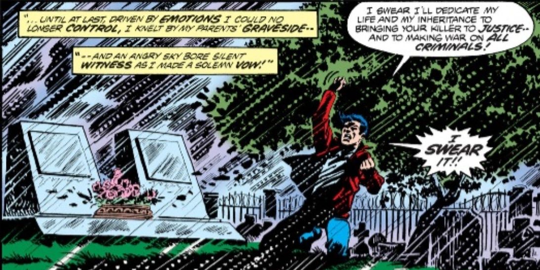 Young Bruce makes a vow at his parents' graves to make war on all criminals in DC.