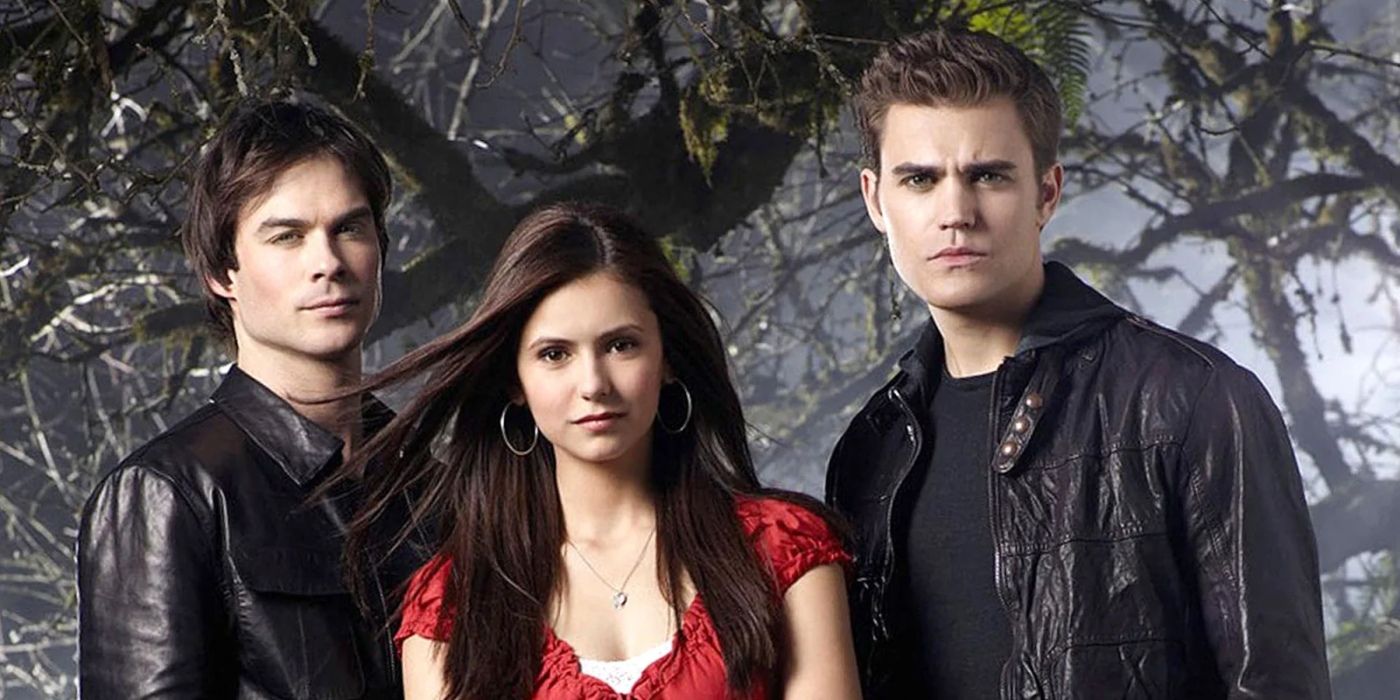 Elena Gilbert with Stefan and Damon Salvatore are a love triangle in The Vampire Diaries