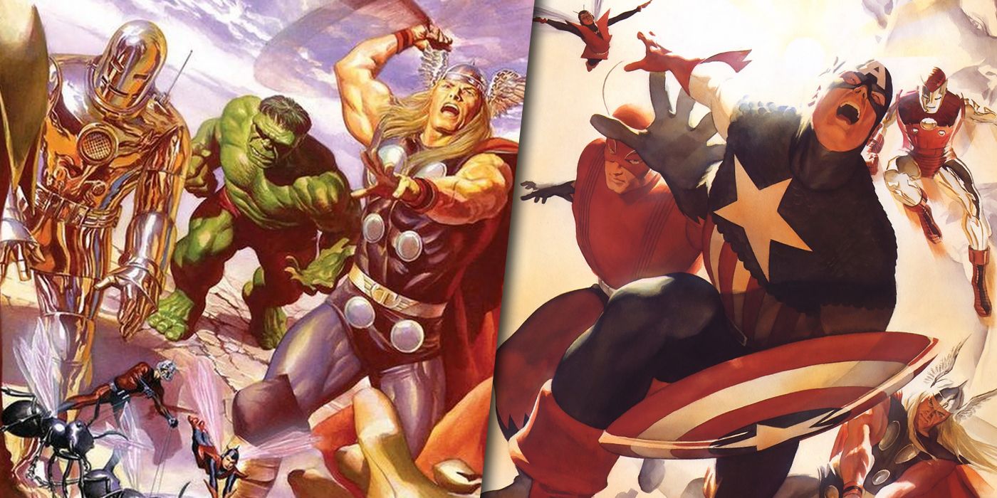 The original Avengers roster with Captain America split image