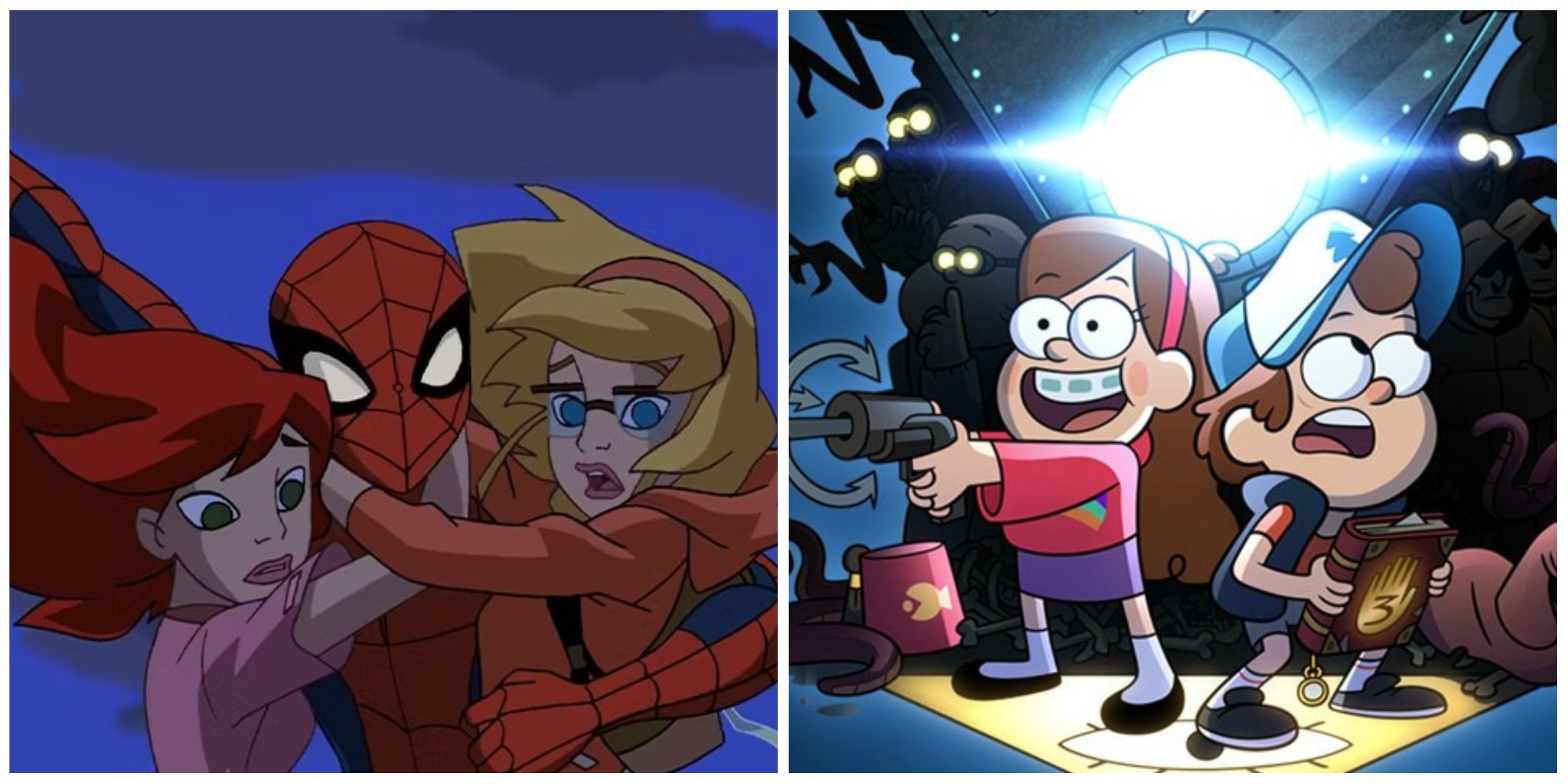 The titular hero in The Spectacular Spider-Man and Dipper and Mabel in Gravity Falls