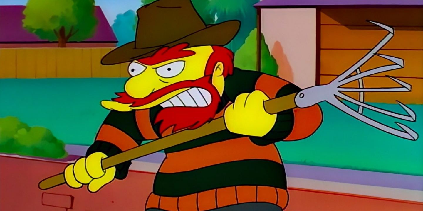 Willie, el jardinero de los Simpson, sostiene un rastrillo, usa un sombrero de vaquero y mira con mal humor.