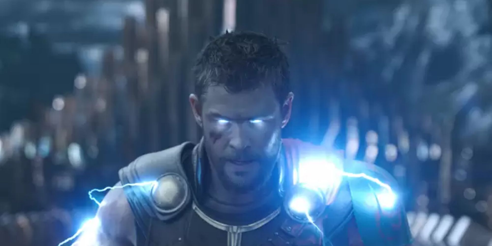 Chris Hemsworth as Thor unleashing his lightning powers in the climax of Thor Ragnarok
