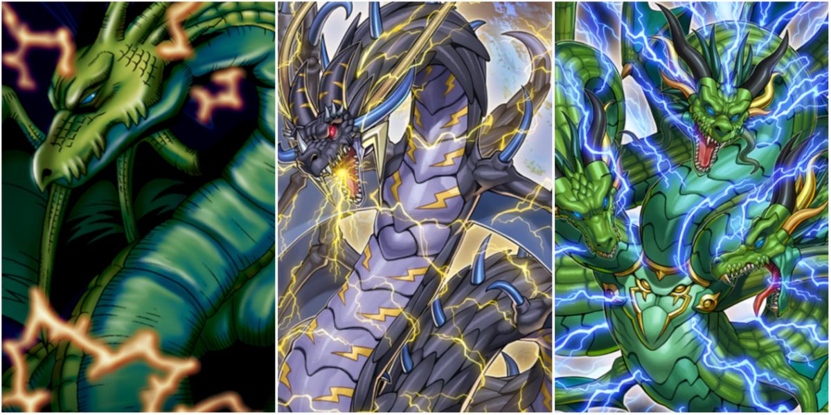 A split image of various Thunder Dragon cards from Yu-Gi-Oh!