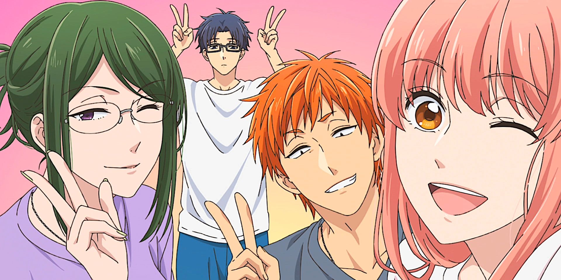 The main cast of characters from Wotakoi all doing the peace hand sign.