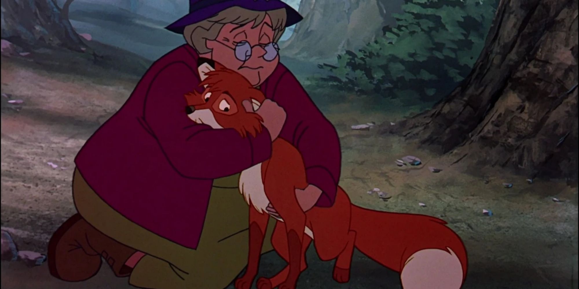 The Fox and the Hound's Tod saying goodbye to his owner Widow Tweed